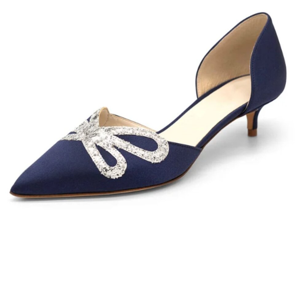 FSJ Navy Satin Kitten Heel Pumps Glitter Bow Inlay Elegant Evening Shoes